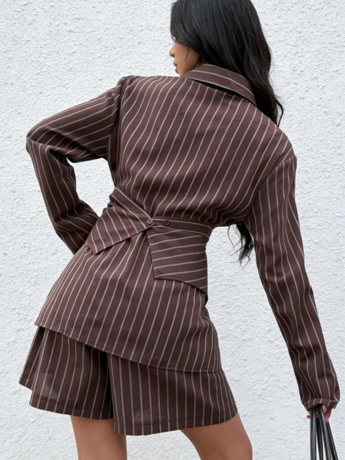 Striped Long-Sleeve Wrap Shirt and Shorts Two-Piece Set