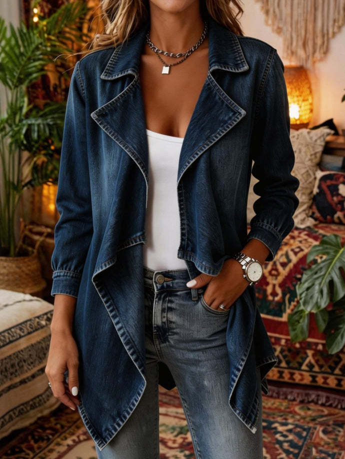 Open-Front Waterfall Hem Denim Trench Jacket