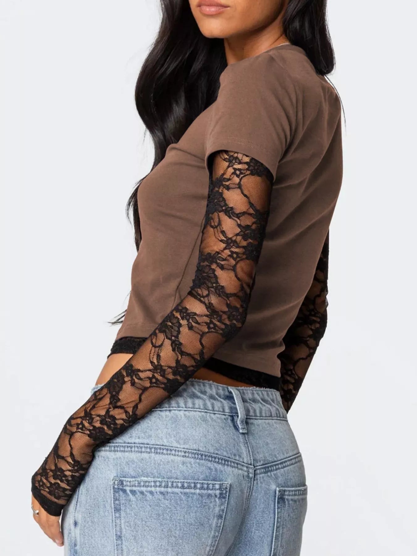 Cropped T-Shirt with Sheer Lace Sleeves