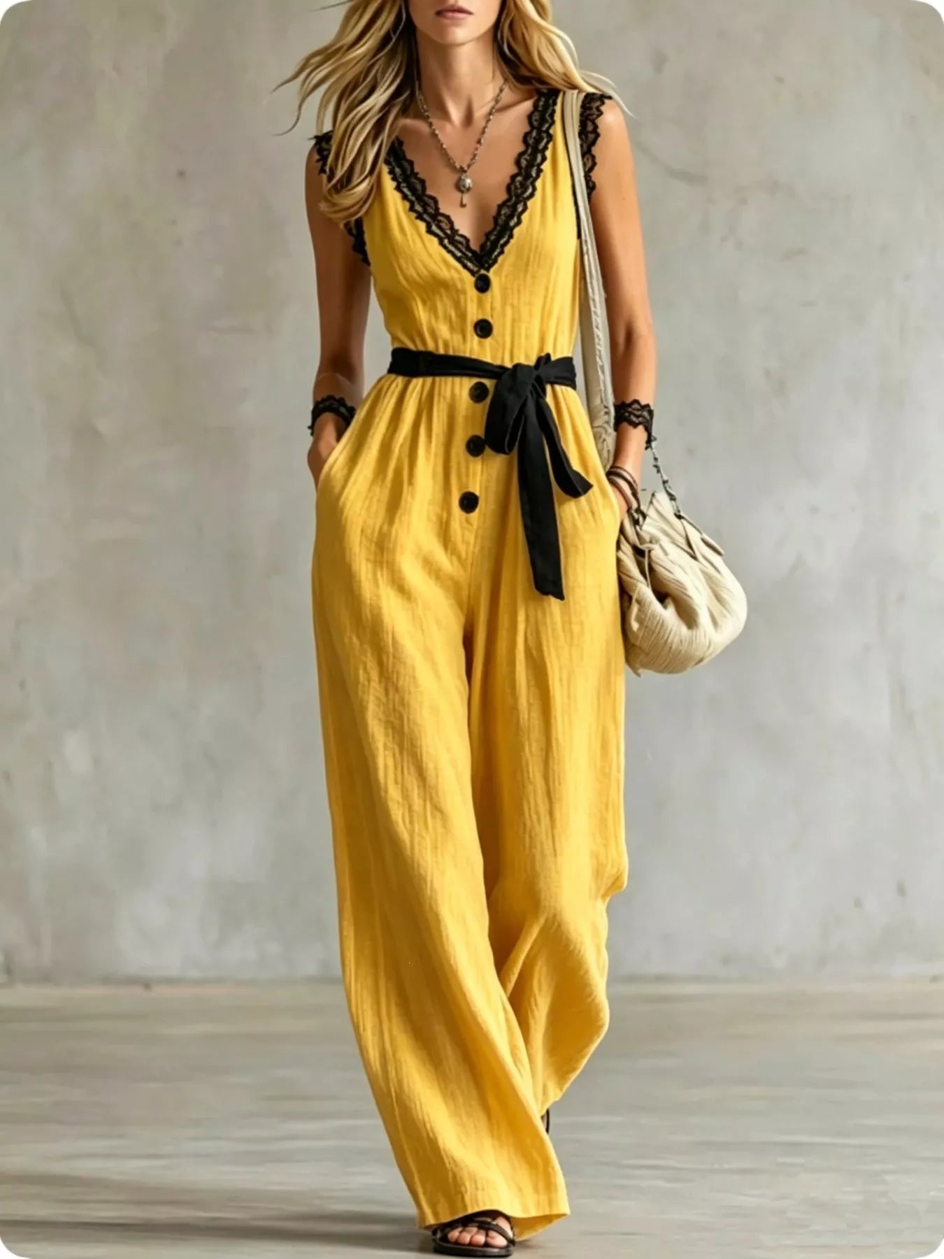 Lace Detail V-Neck Sleeveless Jumpsuit