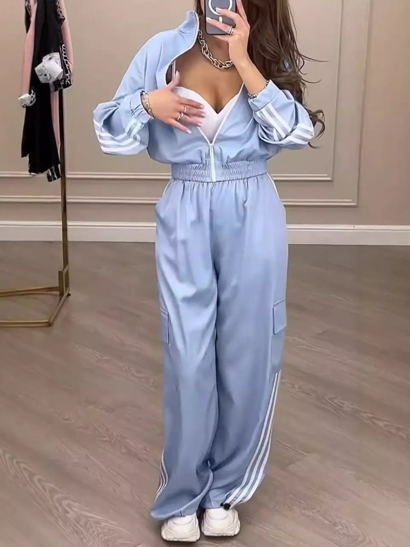 Full Size Side Striped Zip Up Outerwear and Pants Set Plus Size