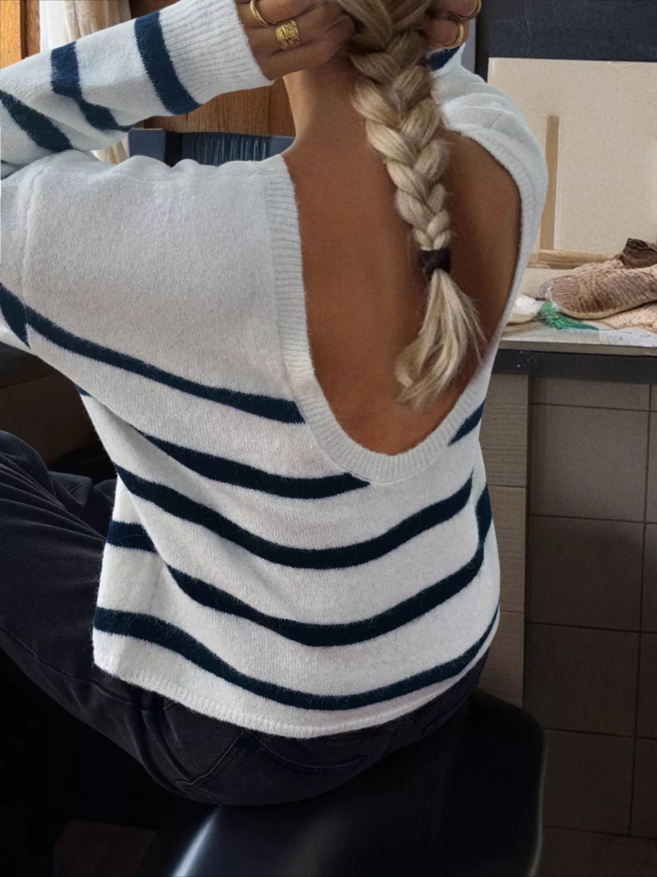 Striped Round Neck Long Sleeve Knit Top