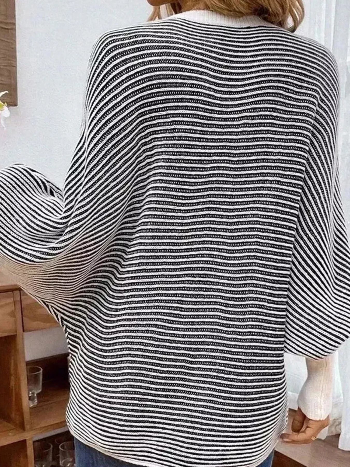 V-Neck Striped Batwing Sleeve Sweater