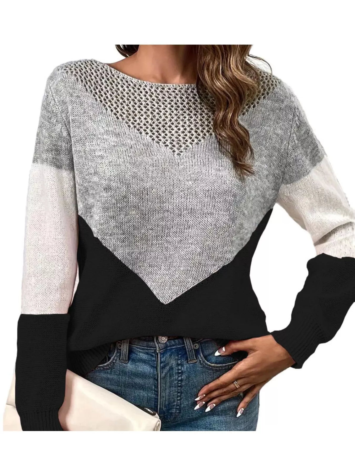 Openwork Color Block Long Sleeve Sweater