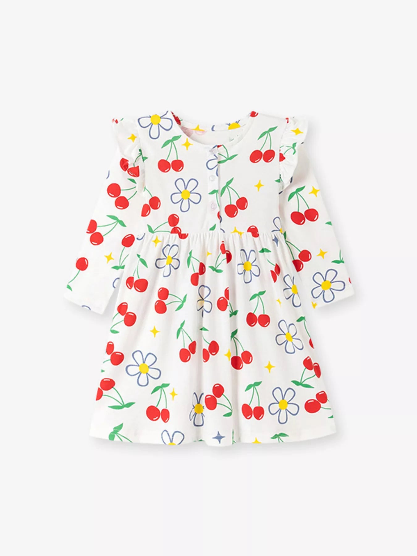 Children's Long-Sleeve Cherry and Flower Print A-Line Dress