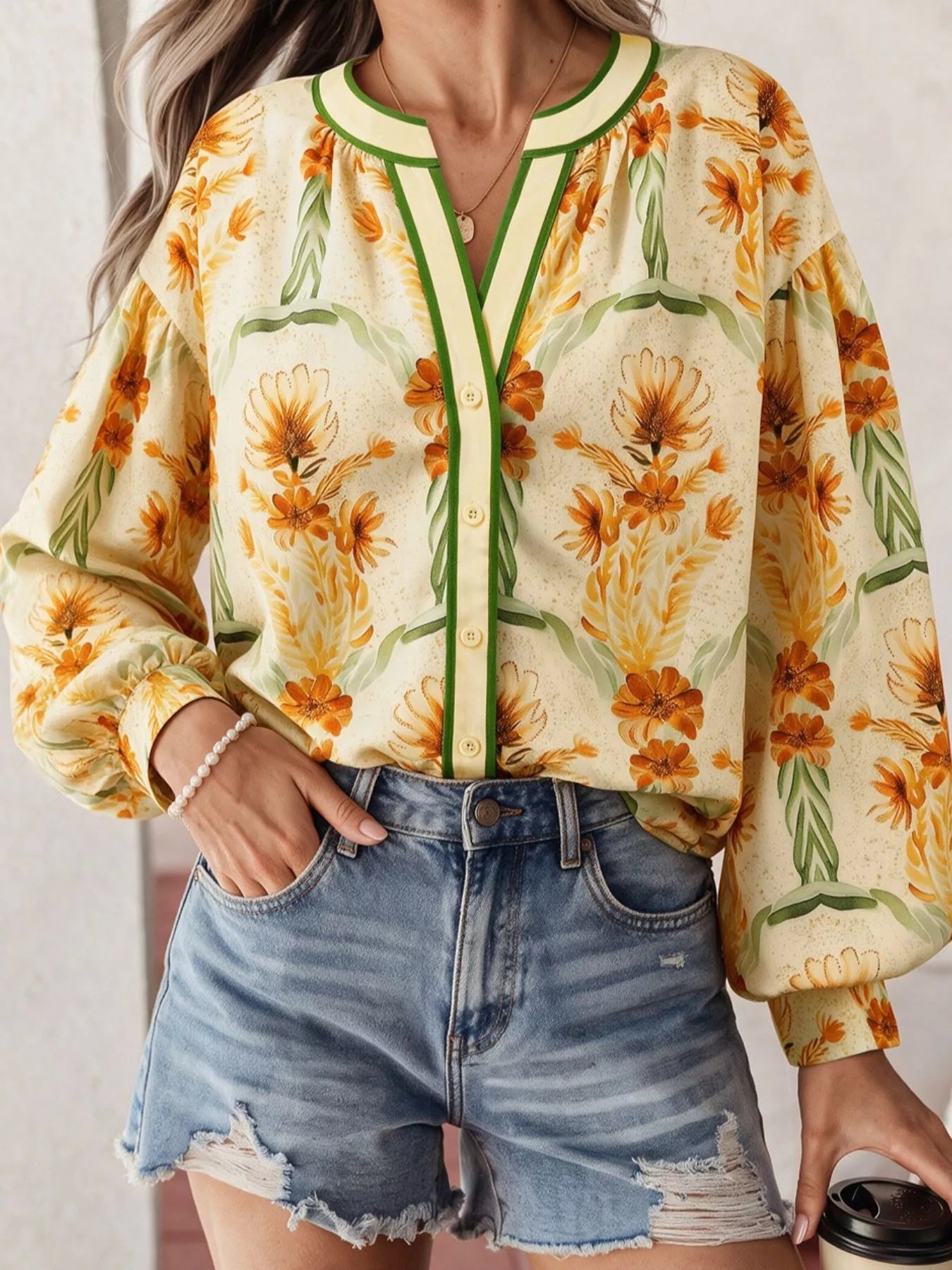 Floral Print V Neck Long Sleeve Shirt