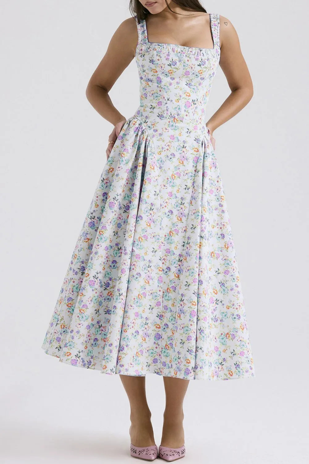 Floral Square Neck Wide Strap Midi Dress