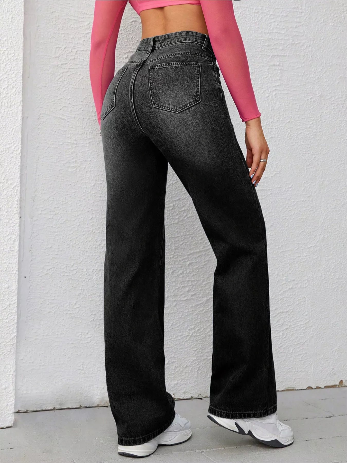 High-Waisted Wide-Leg Washed Jeans