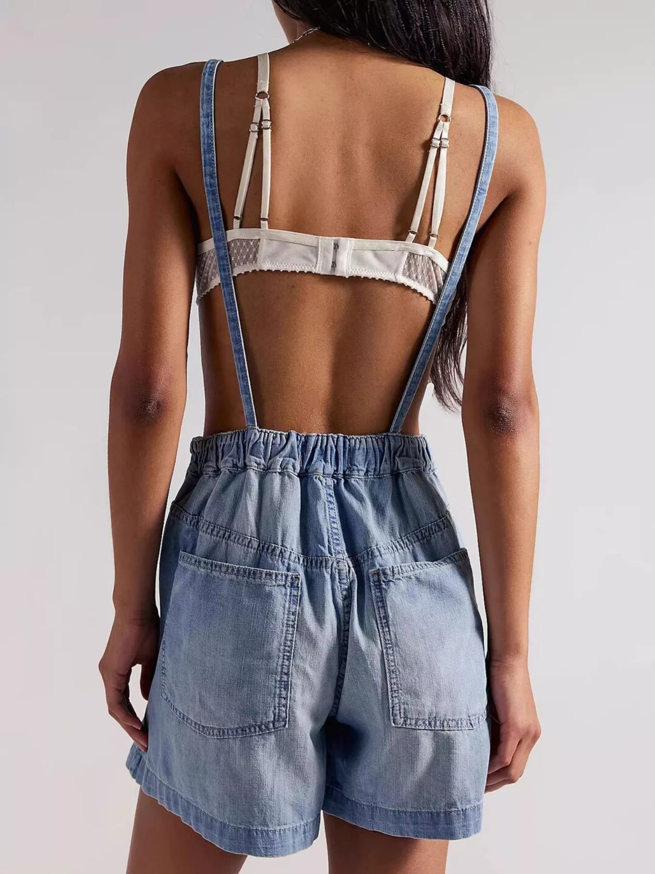 Backless Denim Short Overalls