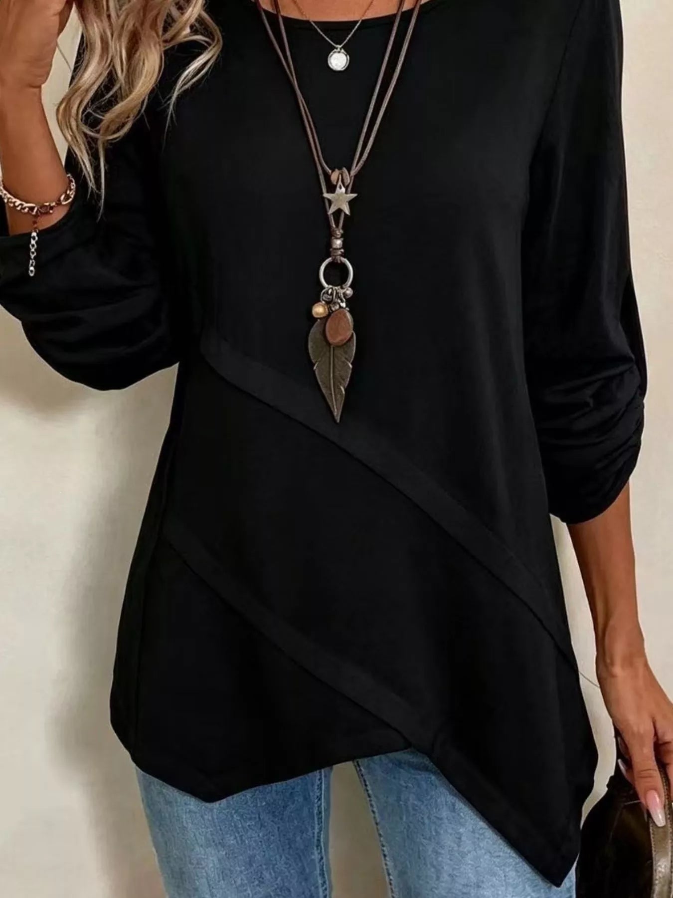 Asymmetrical Hem Solid Color Linen Blouse