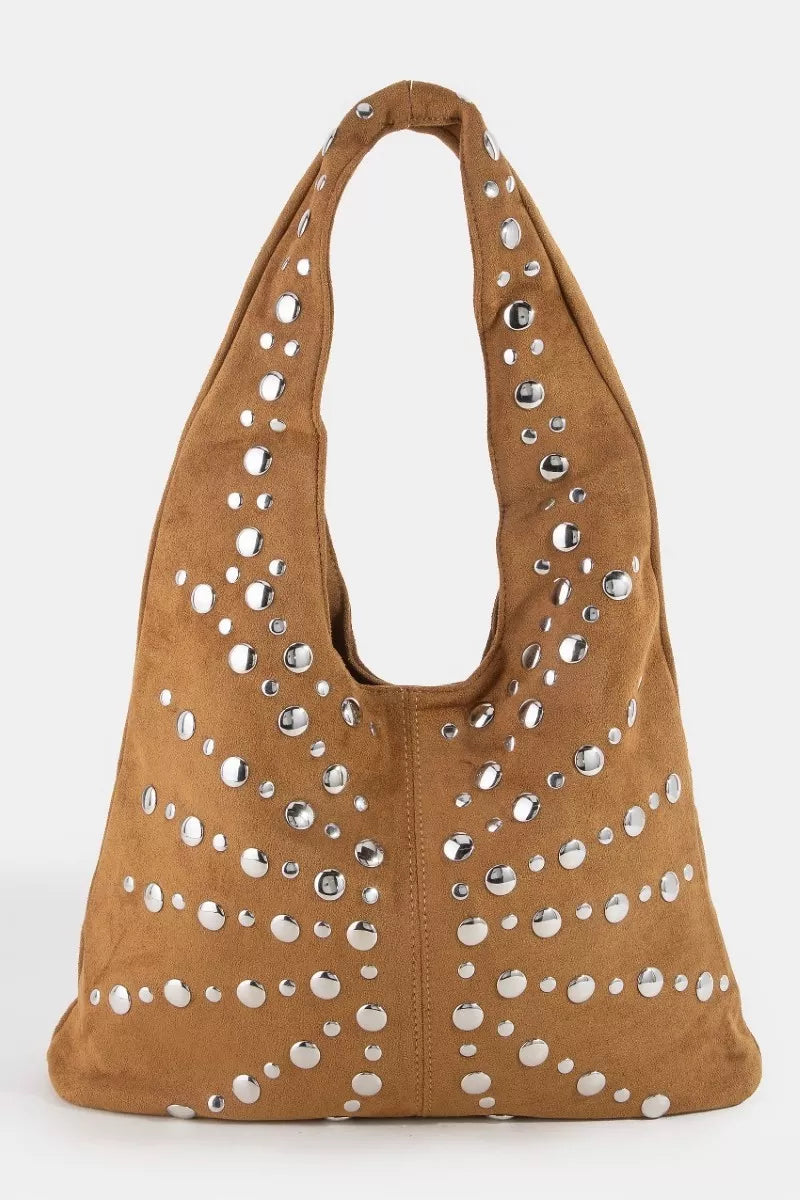 Fame Grommet Studded Suede Shoulder Bag