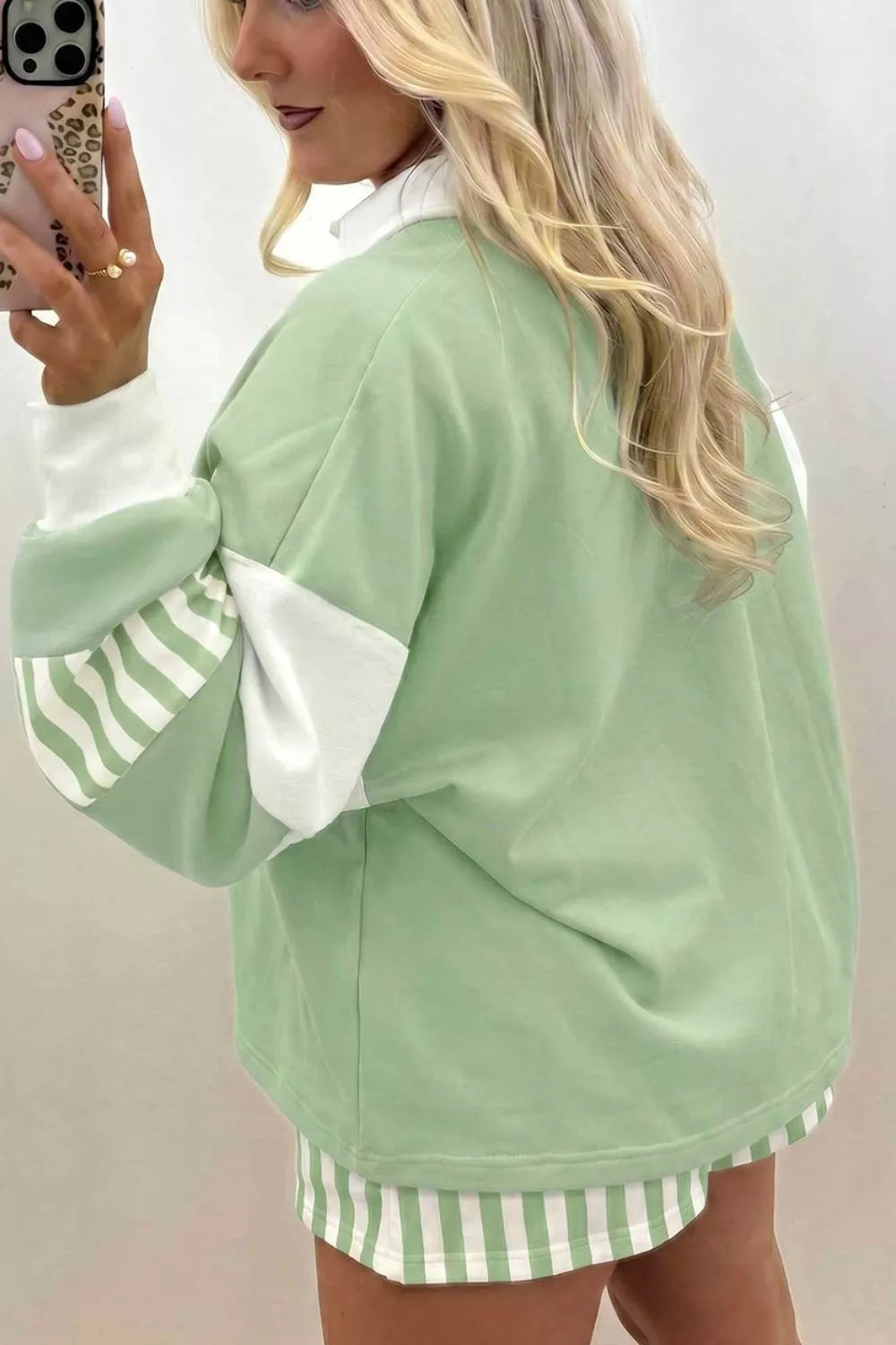 Striped Color Block Pullover Top Drawstring Shorts Set