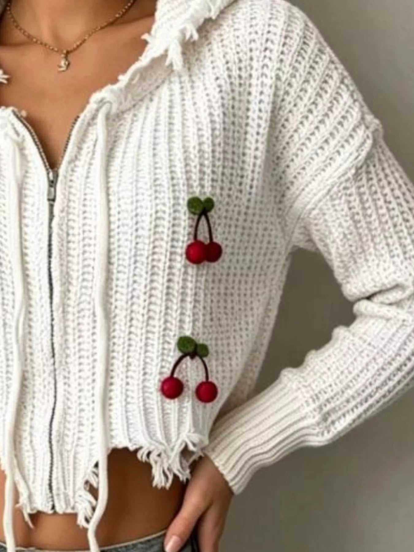 Cherry Knit Zip-Up Hooded Sweater