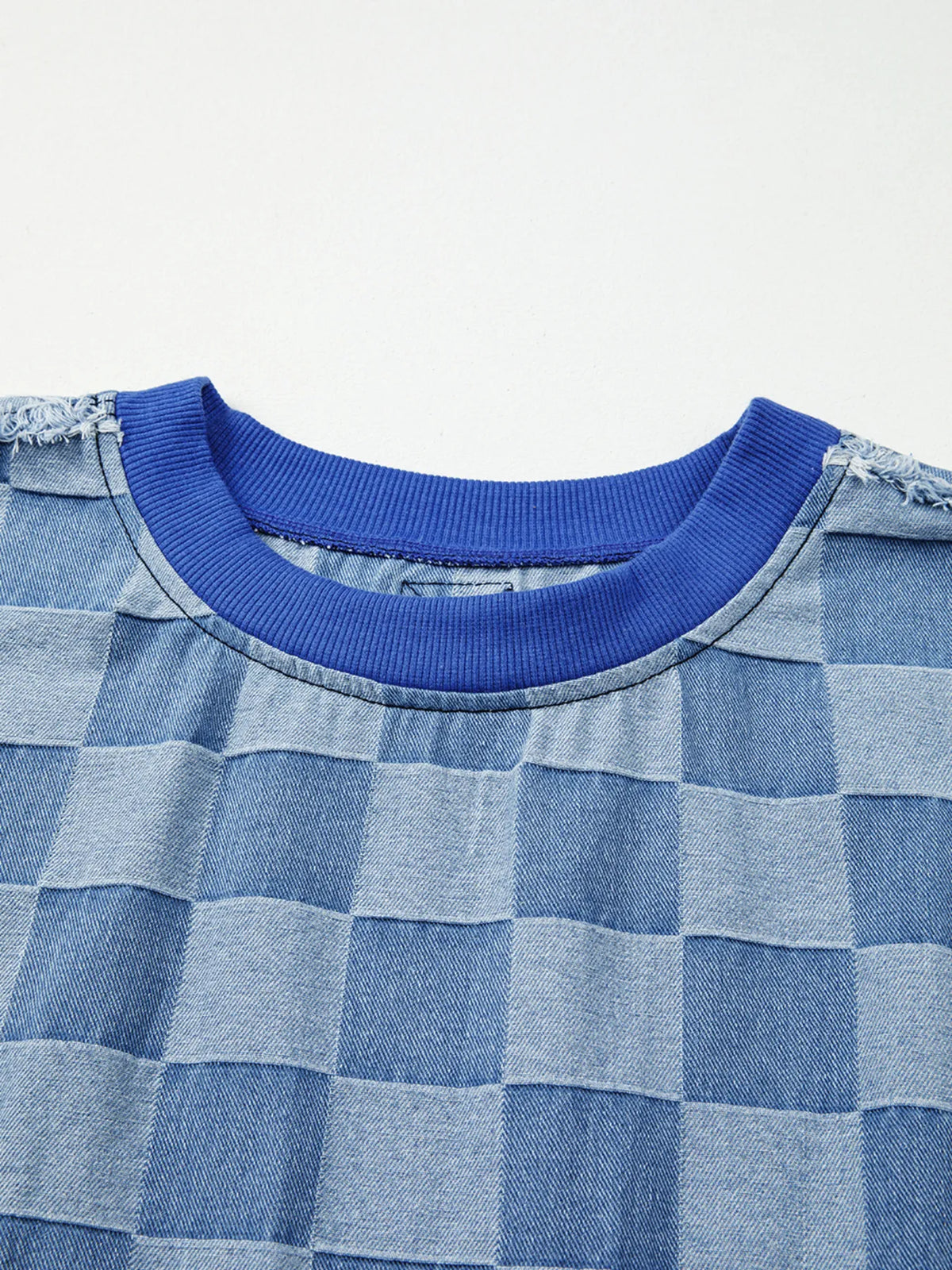 Checkerboard Splicing Raw Detail Oversized Denim Top