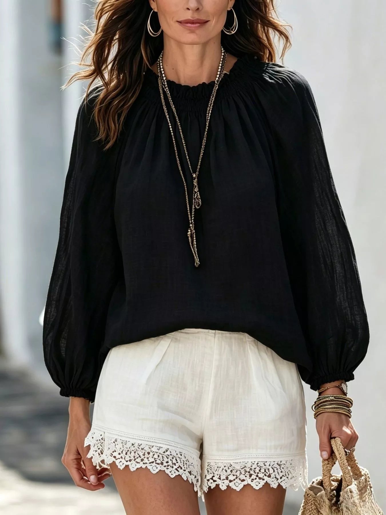 Round Neck Balloon Sleeve Blouse