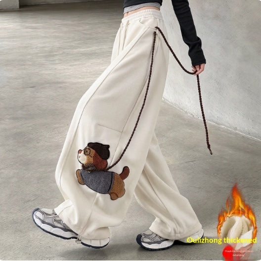 Bear-Detail Wide-Leg Cotton-Blend Sweatpants
