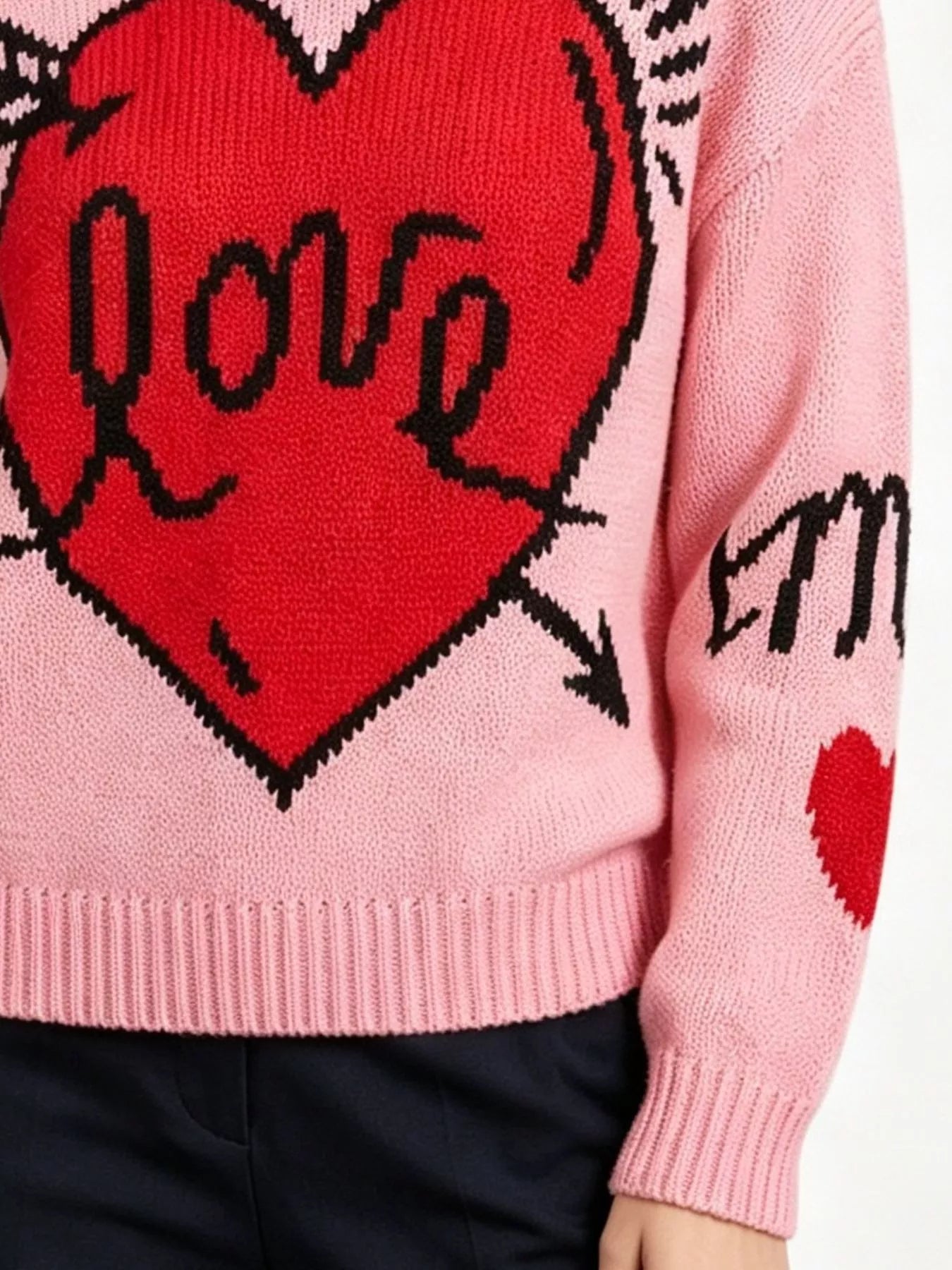 Heart Round Neck Ribbed Sweater
