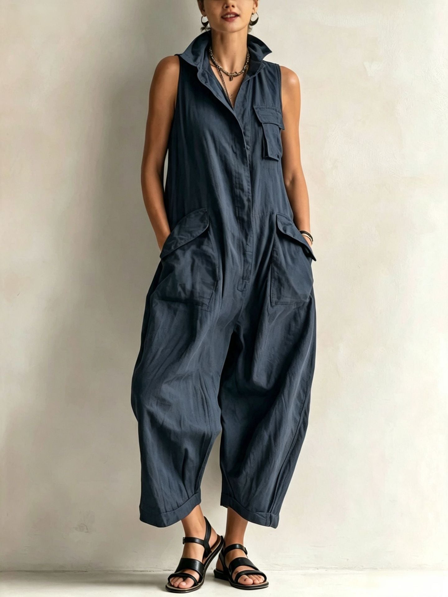Women's Cotton Sleeveless Cargo Jumpsuit – Wide Leg Multi-Pocket