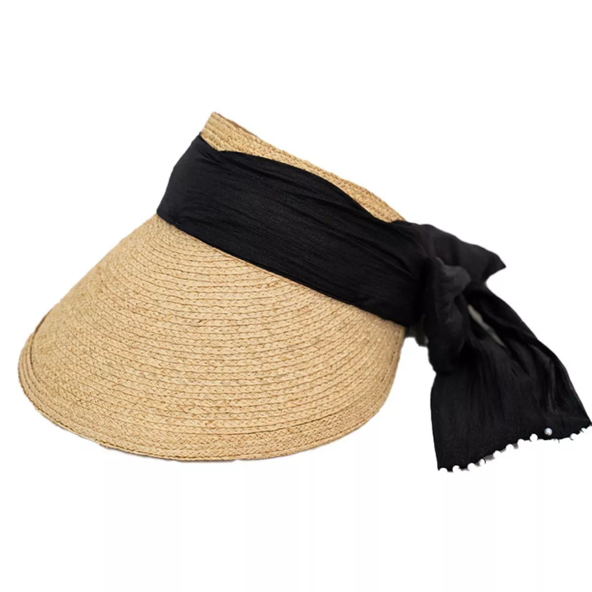 Ribbon-Tie Straw Visor Sun Hat