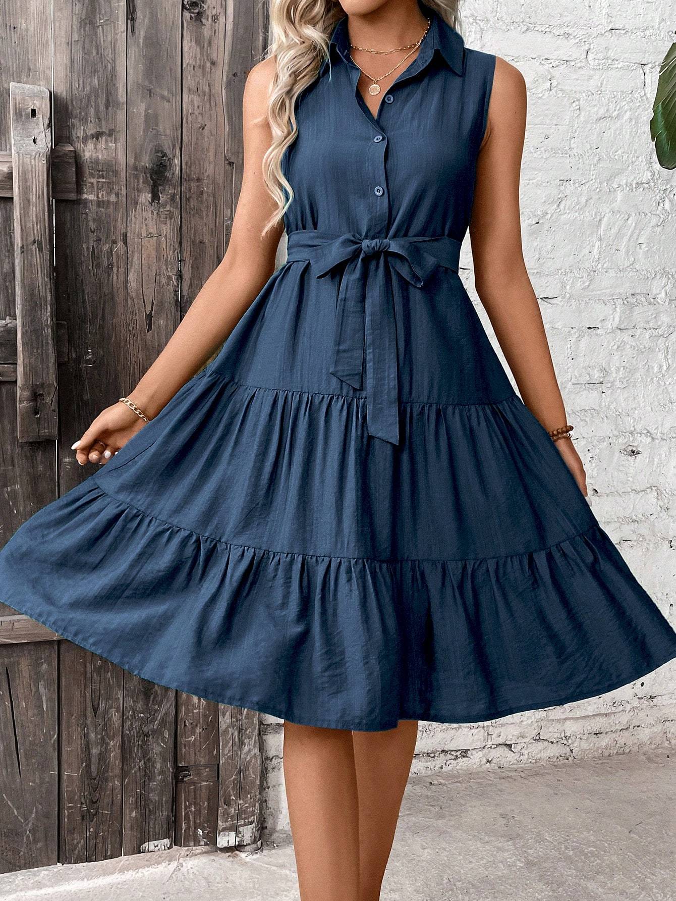 π΄ Women's Ruffle Hem Belted Shirt Maxi Dress