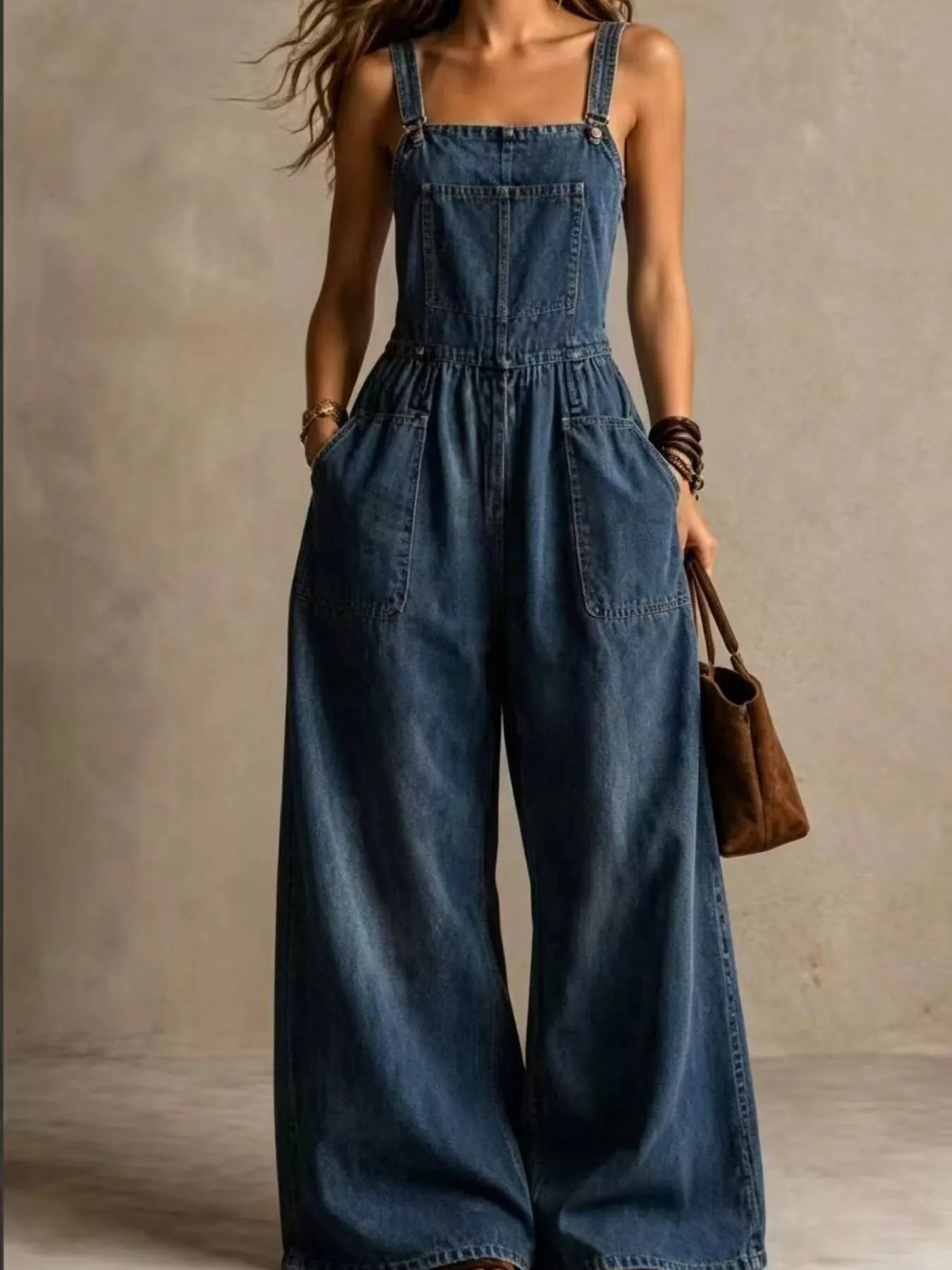 Full Size Wide Leg Denim Jumpsuit with Adjustable Straps and Pockets Plus Size