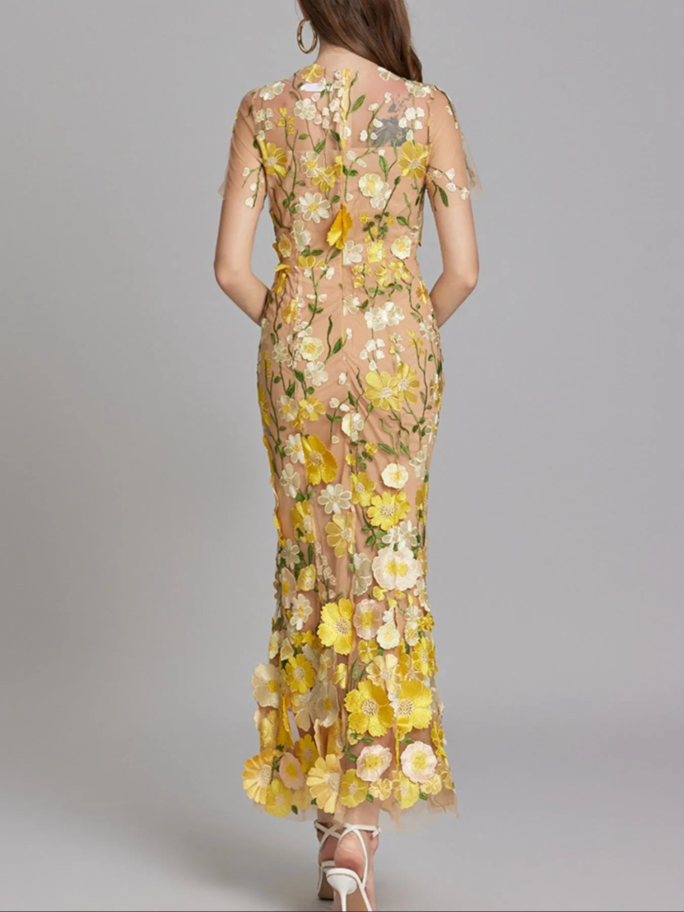 Floral Embroidered Mesh Overlay Maxi Dress