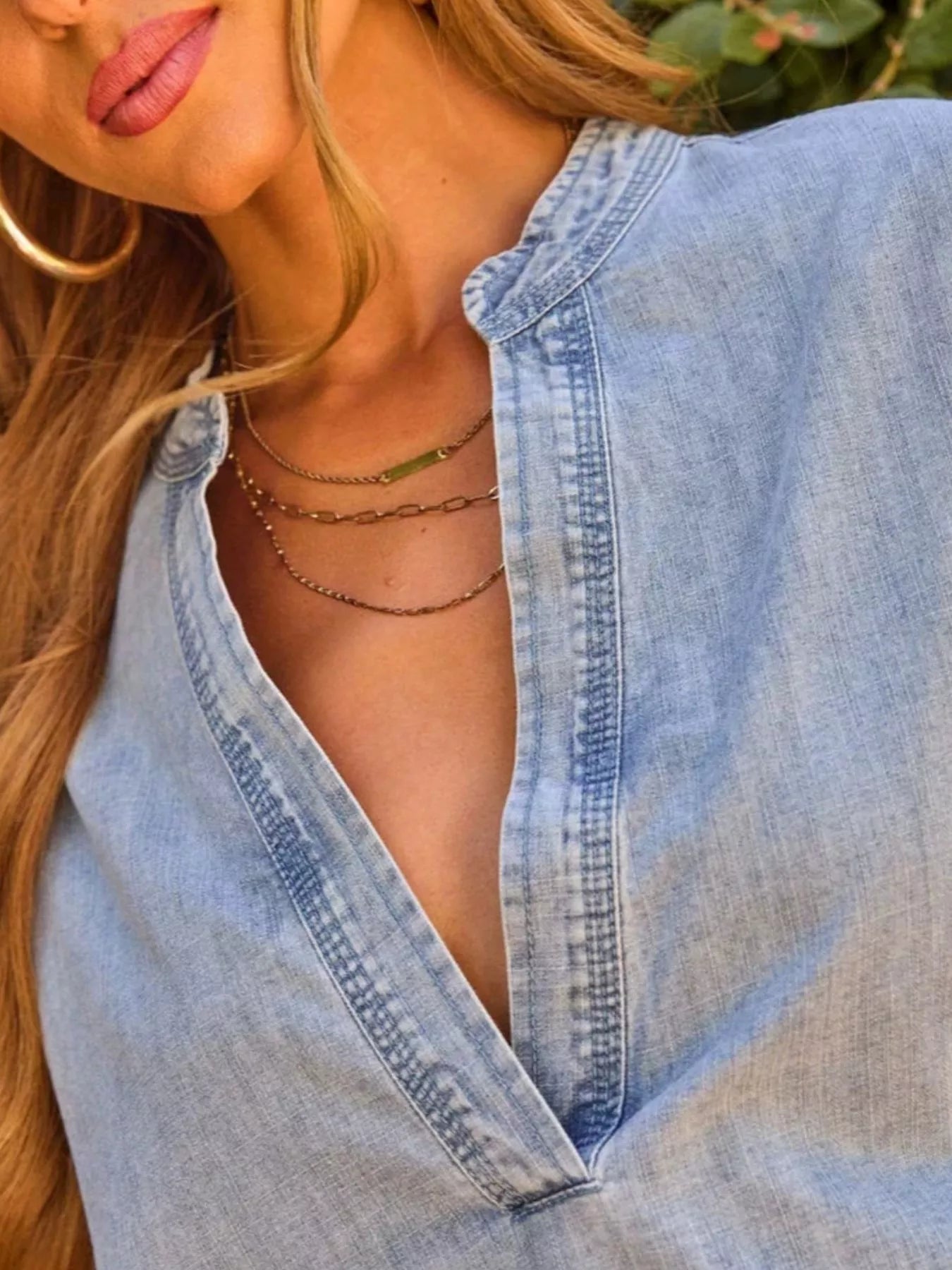 Notched Dropped Shoulder Denim Top