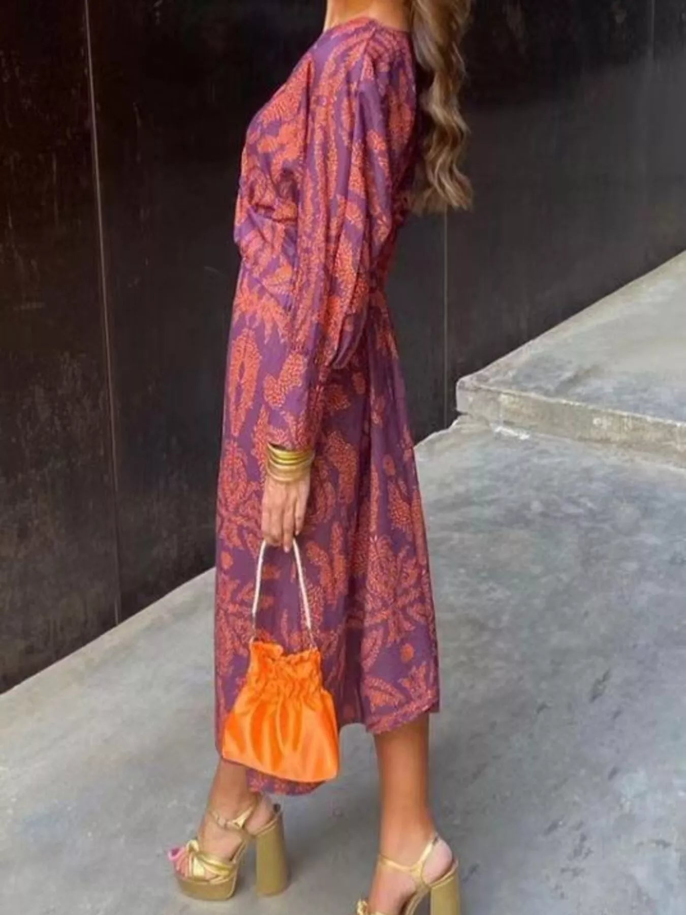 Full Size Printed V-Neck Long Sleeve Twisted Midi Dress Plus Size