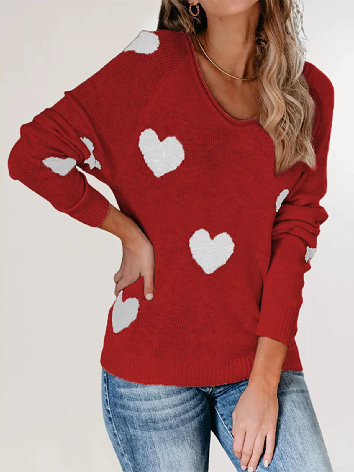 Heart Pattern V-Neck Sweater