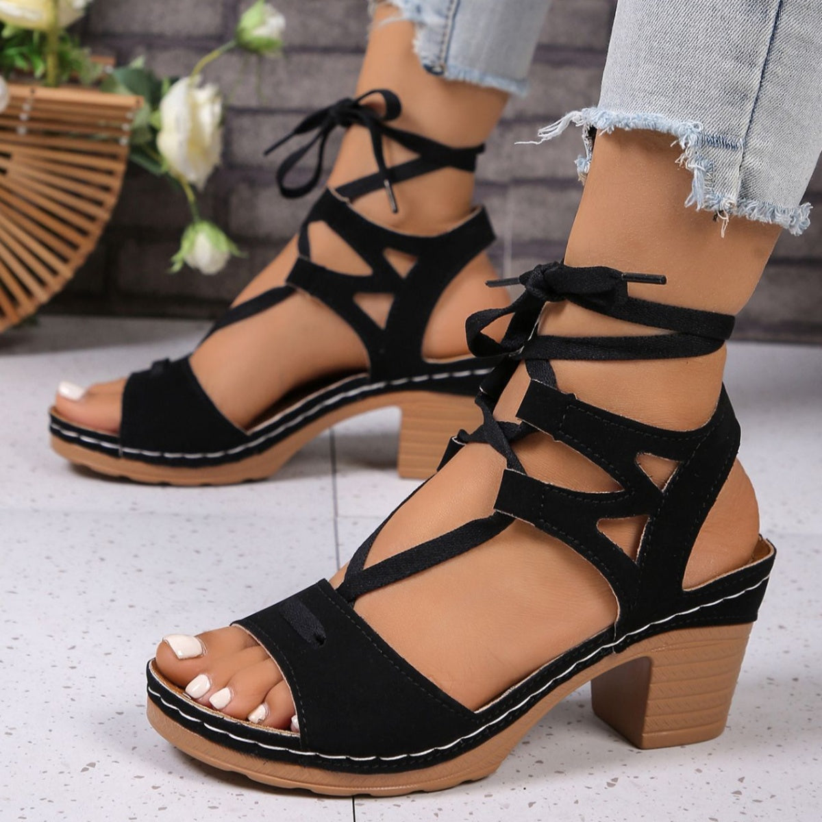 Lace-Up Block Heel Sandals