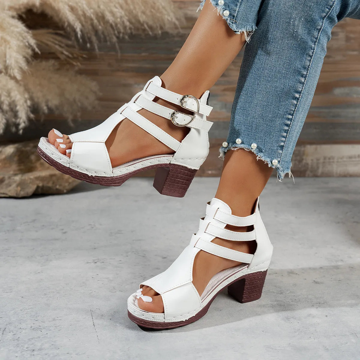 Block Heel Buckle Strap Sandals
