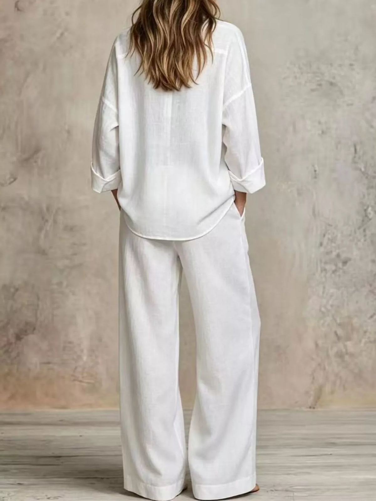 Full Size Button-Down Shirt and Wide-Leg Pants Set Plus Size