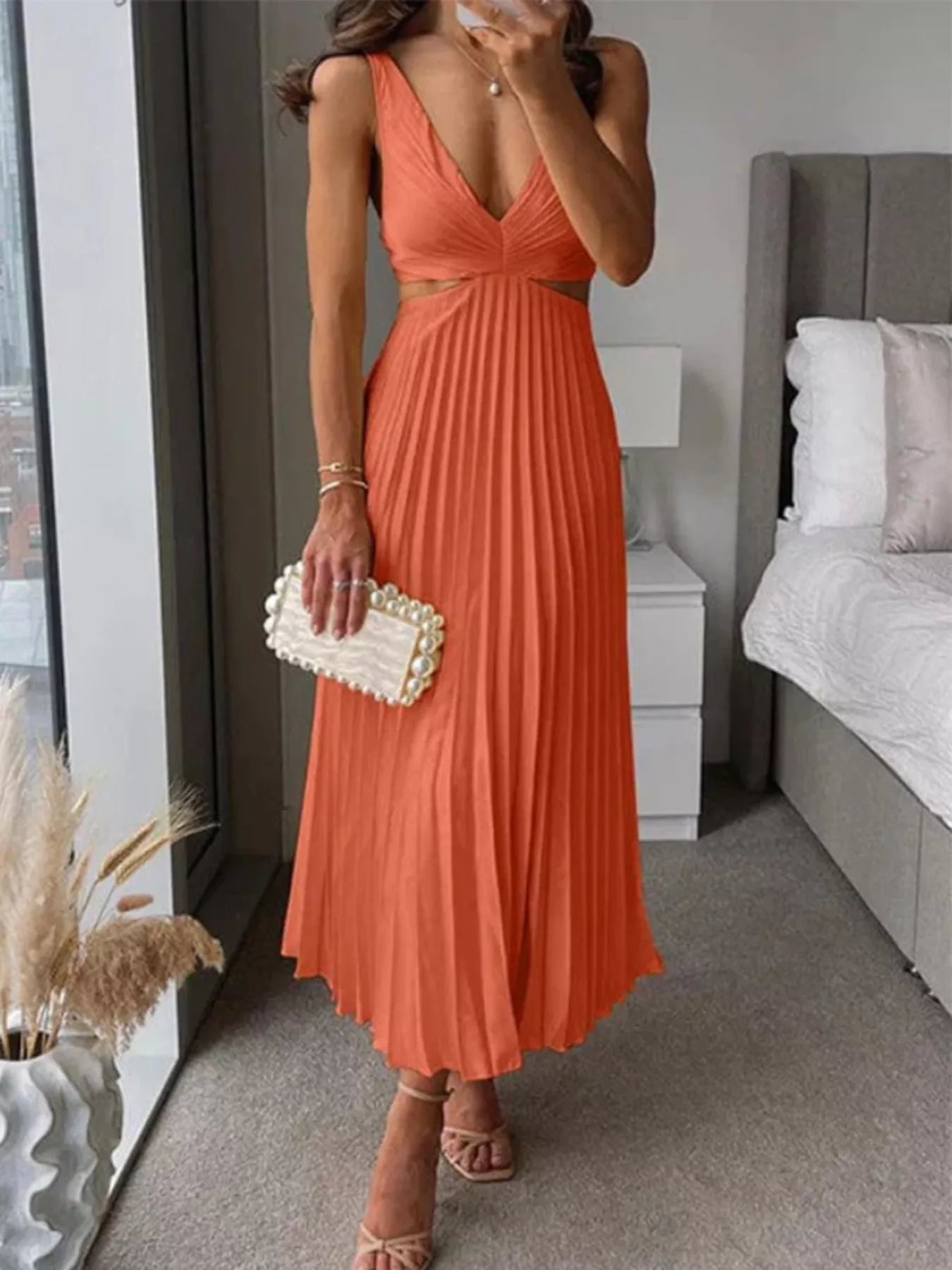 Elegant Pleated Midi Dress with Cut-out Details
