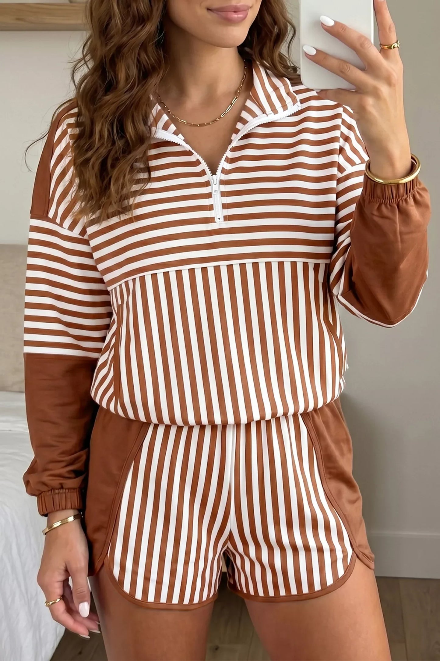 Stripe Color Block Patchwork Quarter Zip Pullover Sporty Shorts Set