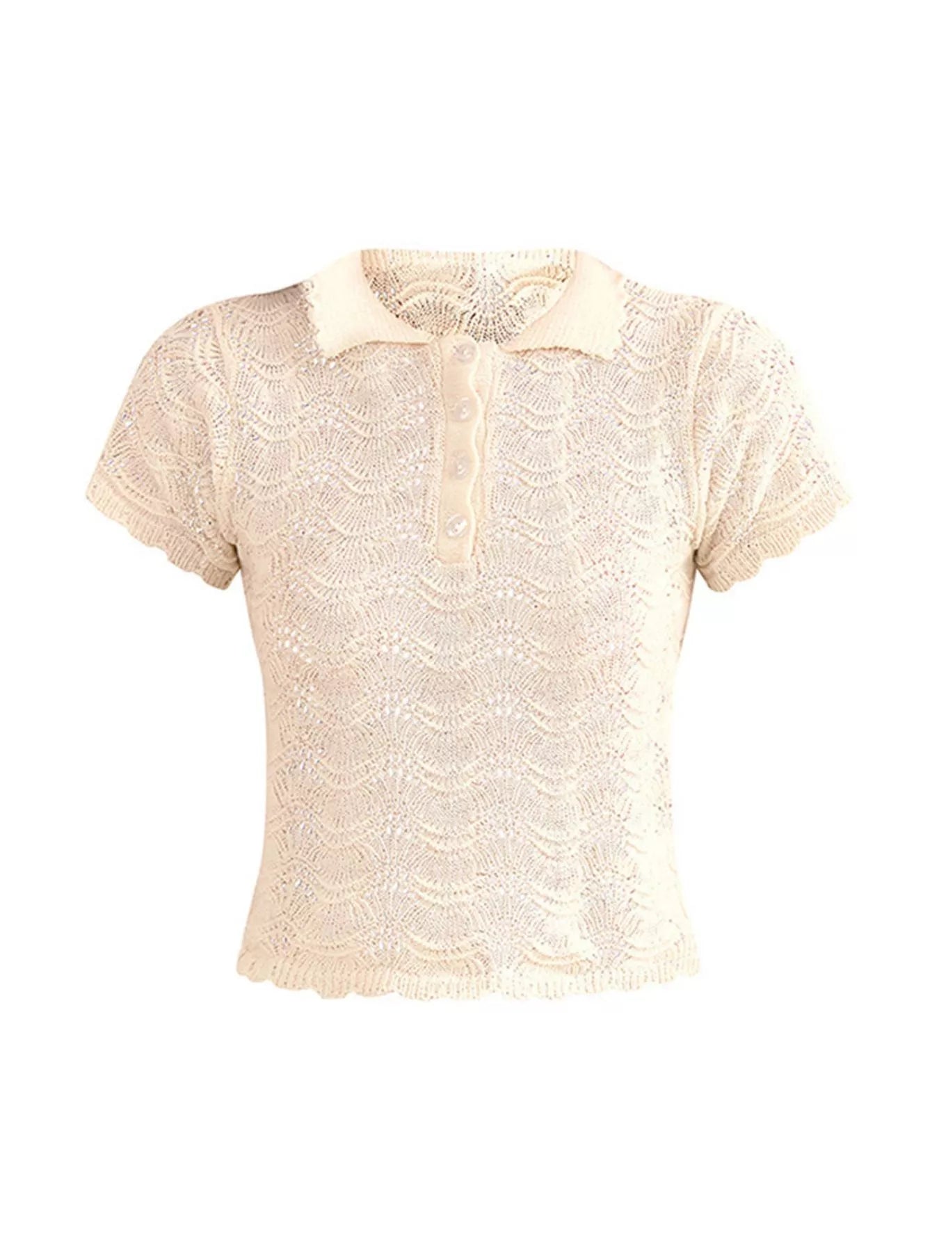 Openwork Crochet Knit Polo Top and Shorts Set