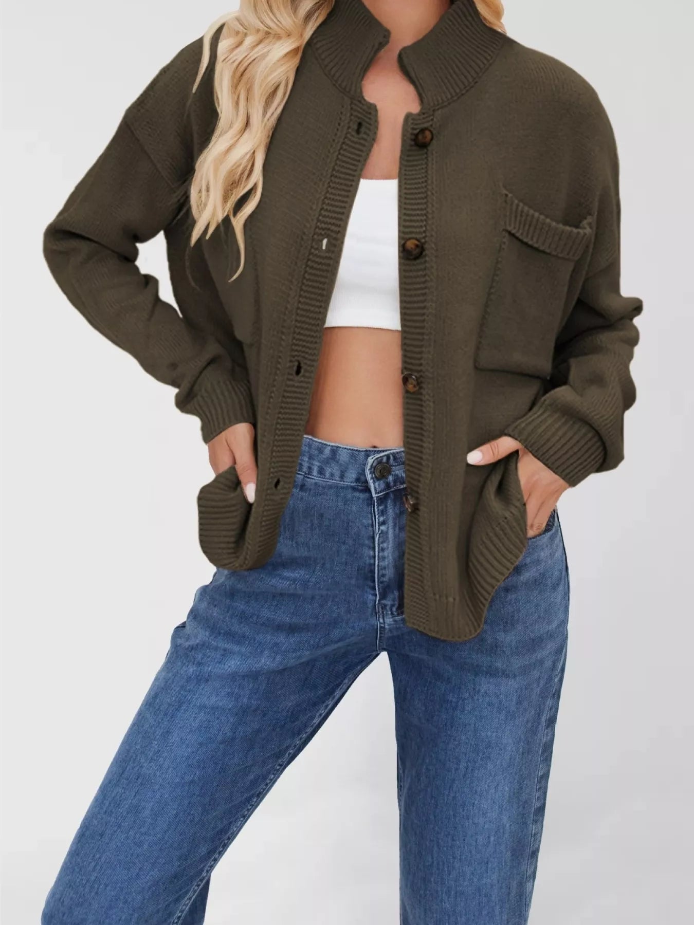 Button Up Dropped Shoulder Cardigan