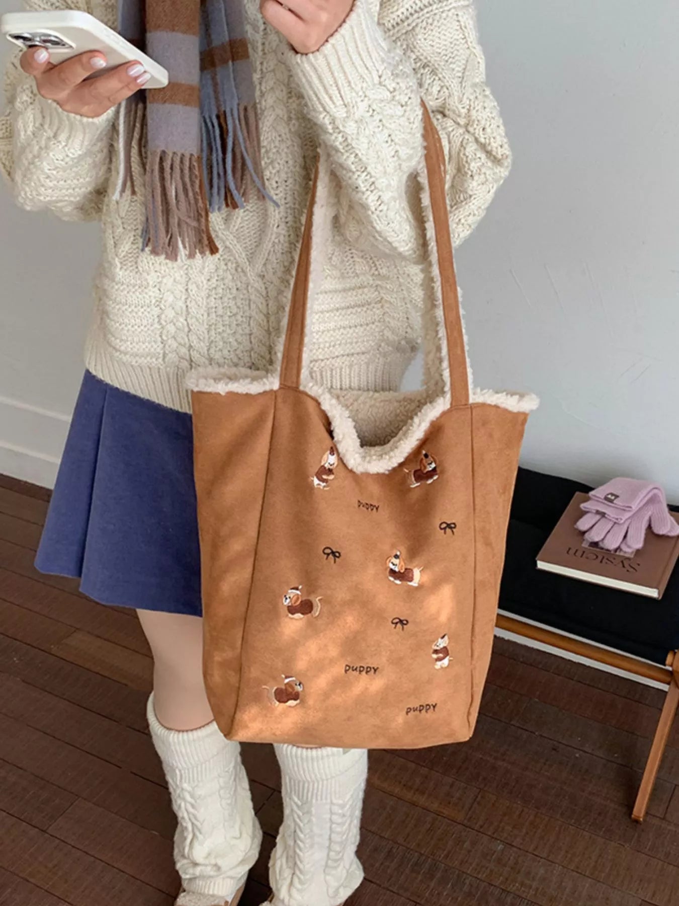Embroidered Plush Tote Bag