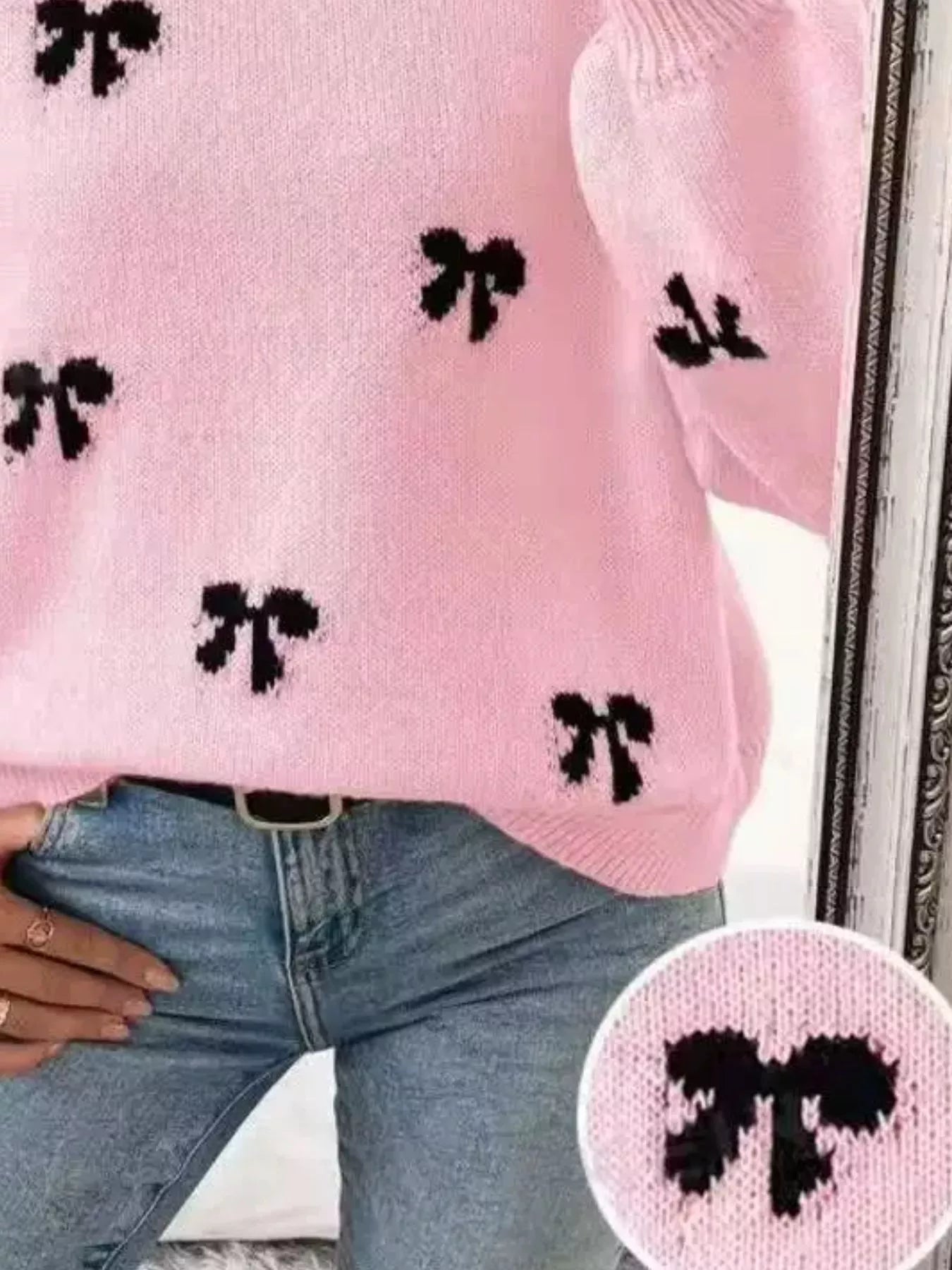 Bow Round Neck Dropped Shoulder Sweater