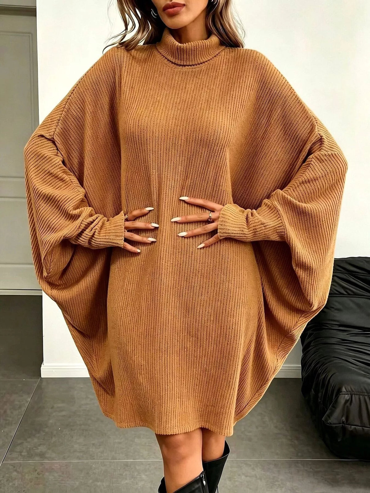 Oversized Batwing Sleeve Ribbed Knit Turtleneck Dress