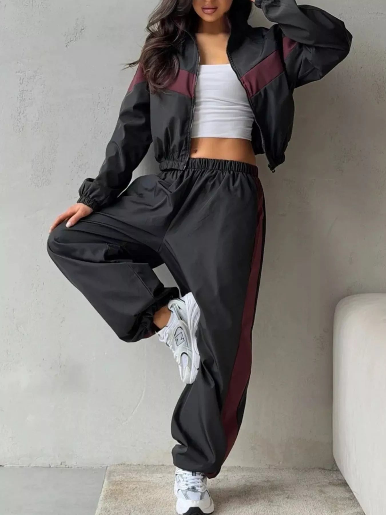 Color Block Zip Up Outerwear and Pants Set