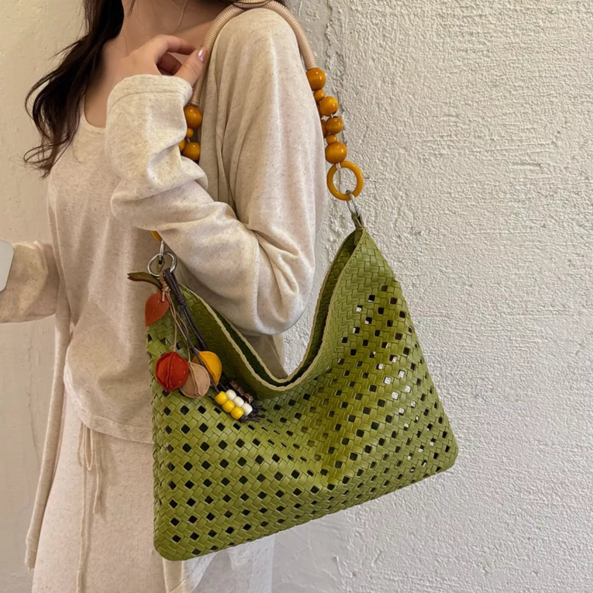 Cutout Shoulder Bag with Beaded Handle