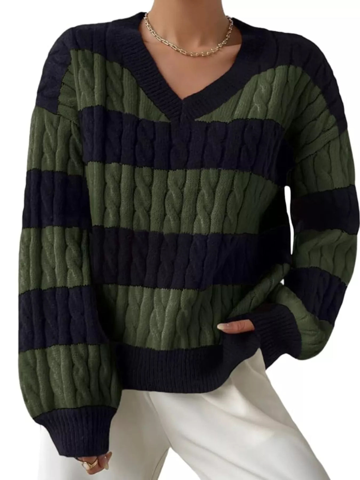 V-Neck Striped Cable Knit Sweater