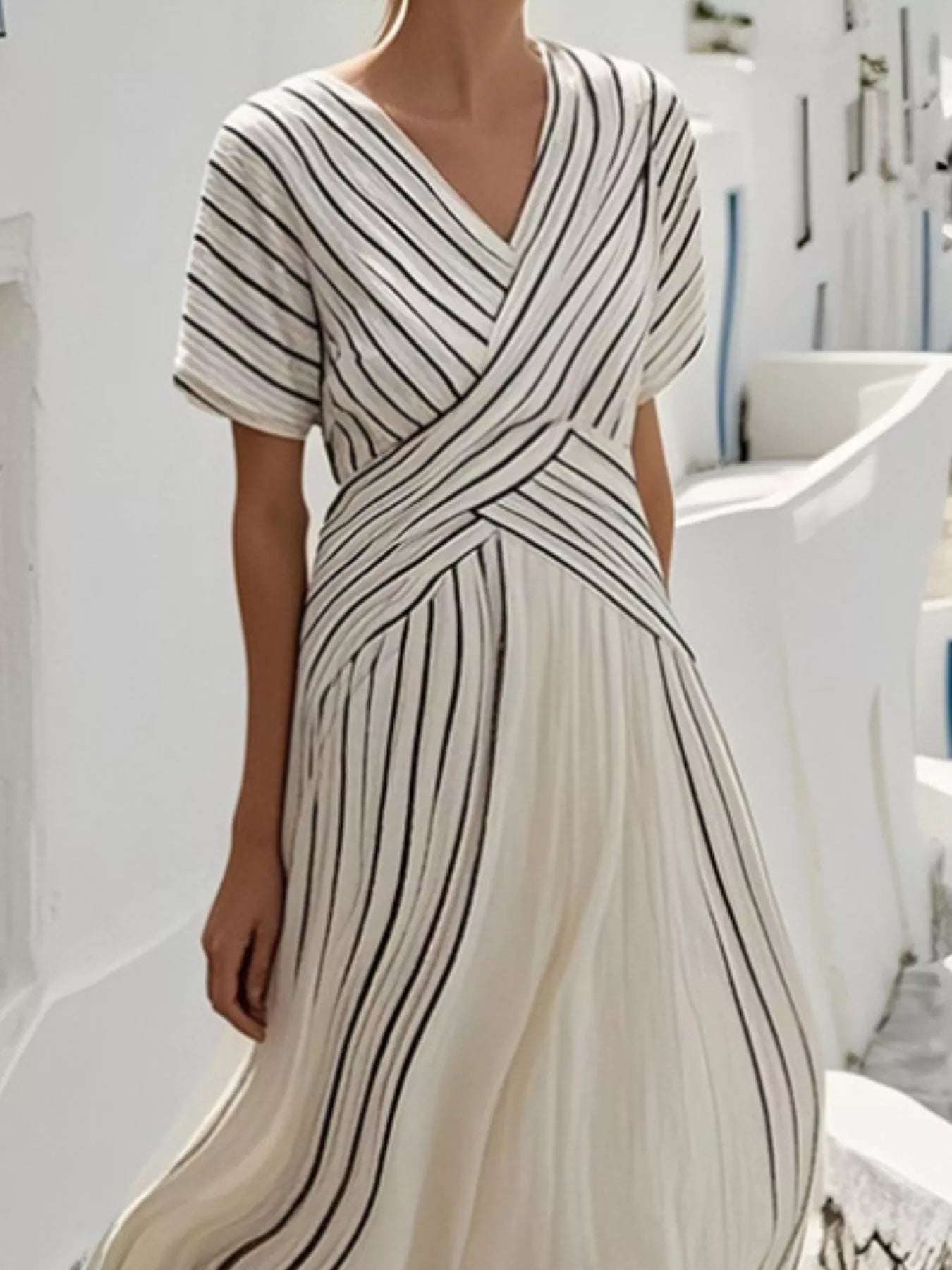Full Size Striped Short Sleeve Wrap Maxi Dress Plus Size