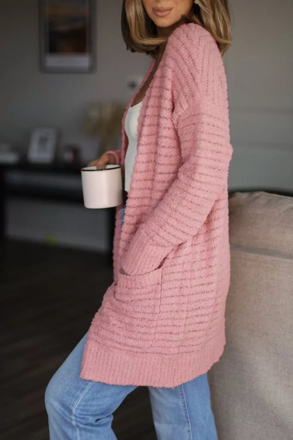 Open Front Soft Fuzzy Ribbed Sweater Cardigan