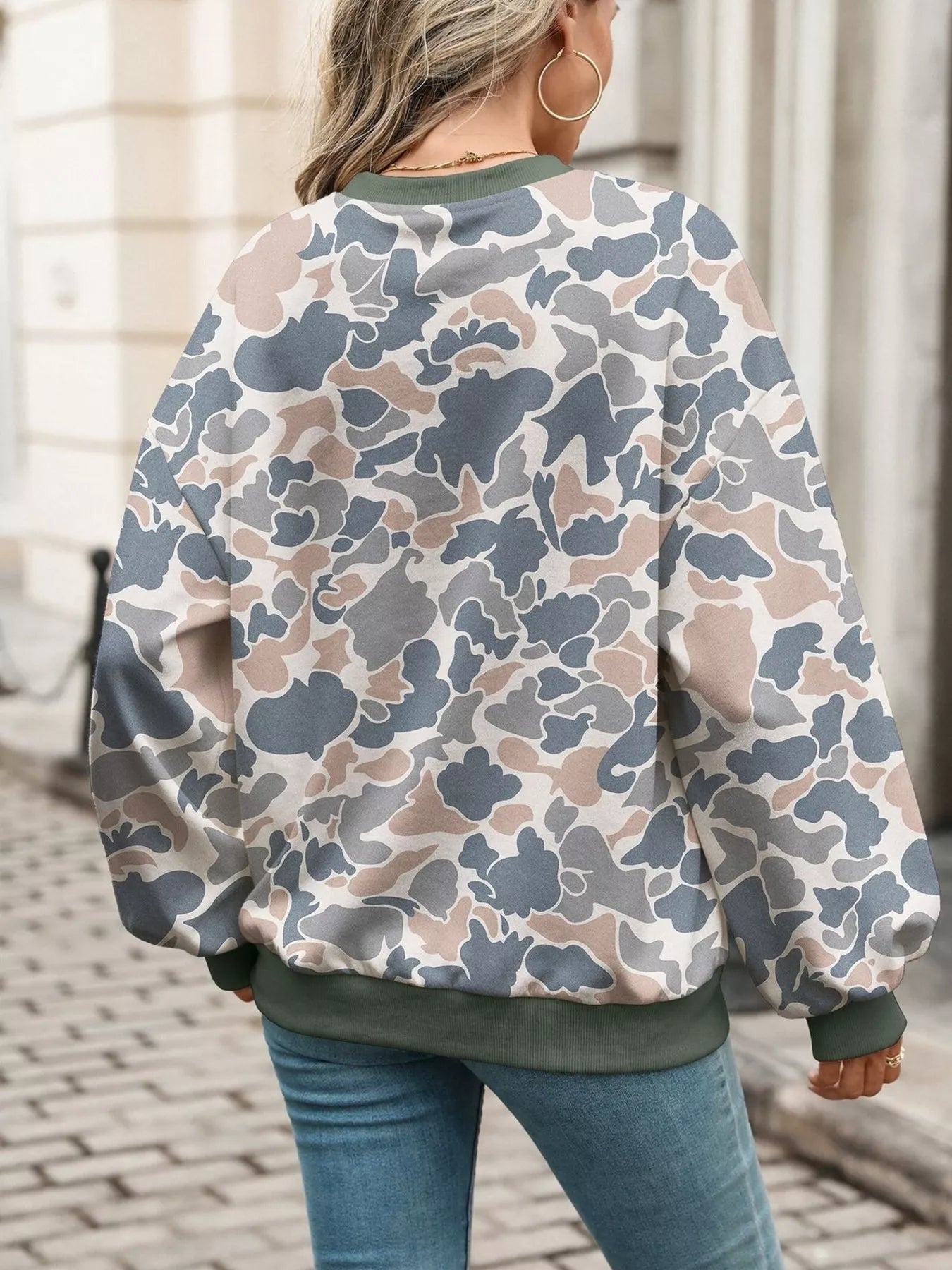 Leaf Print Sweatshirt with Contrasting Trim