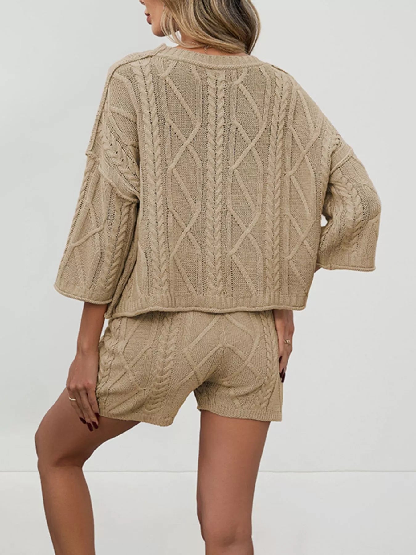 Cable Knit 3/4 Sleeve Sweater and Shorts Set