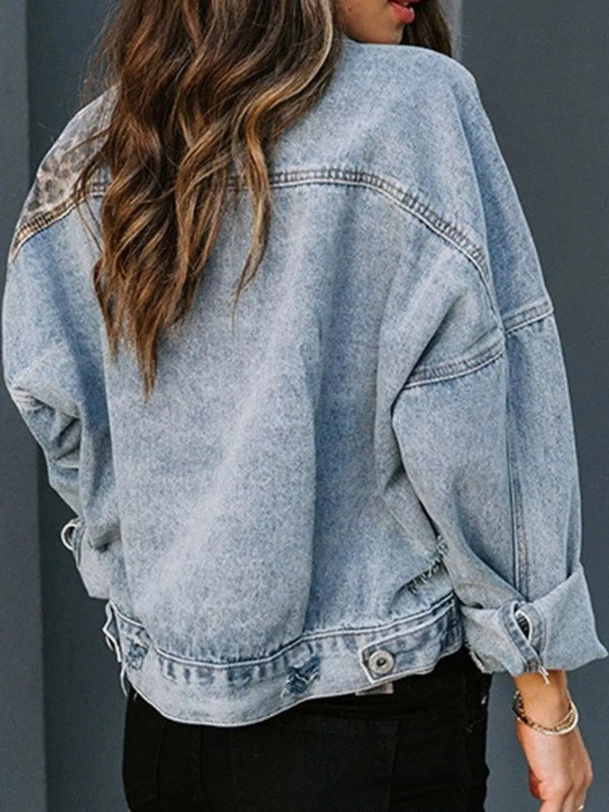 Full Size Distressed Leopard Dropped Shoulder Denim Jacket Plus Size