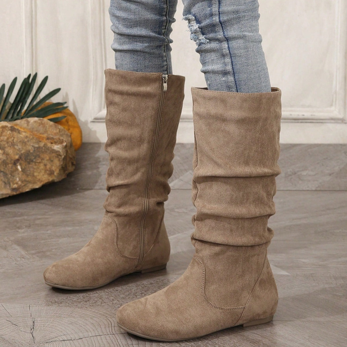 Women's Mid-Calf Leather Boots – Flat Heel Side Zip