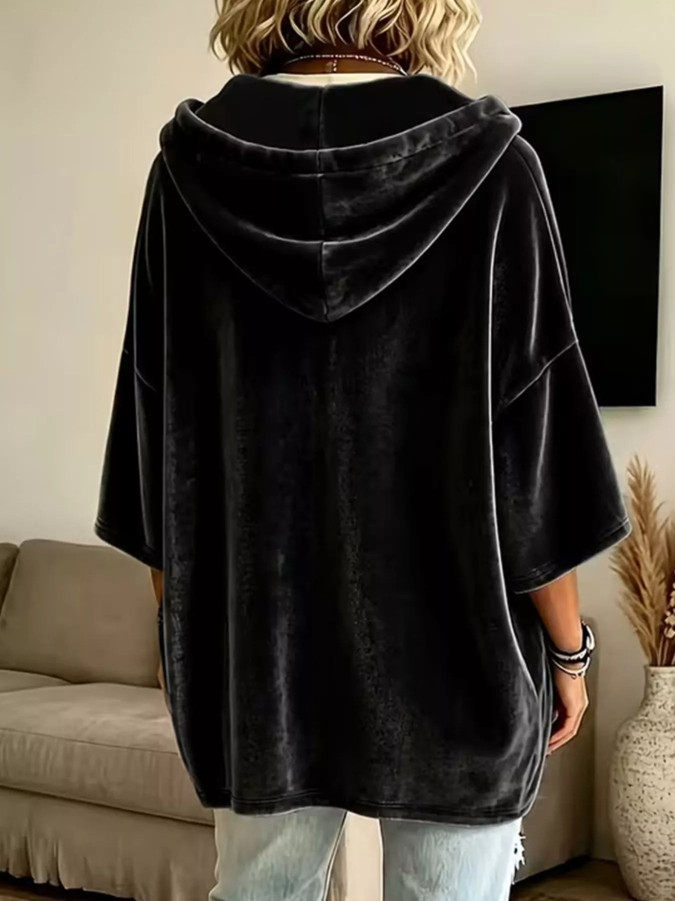 Velvet Loose Fit Hoodie with Drawstring