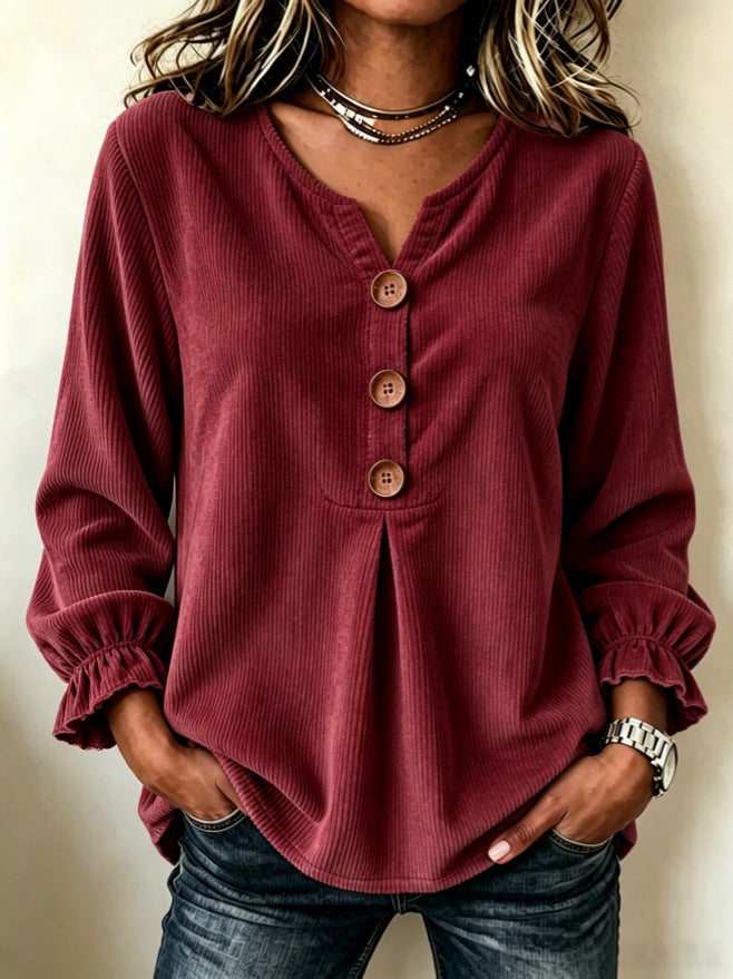Women's Corduroy Long-Sleeve Blouse – Patchwork Minimalist Top